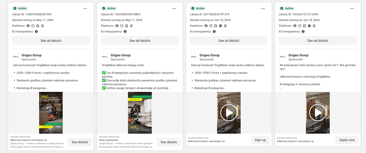 Meta Ads kūrybos variantų fragmentas